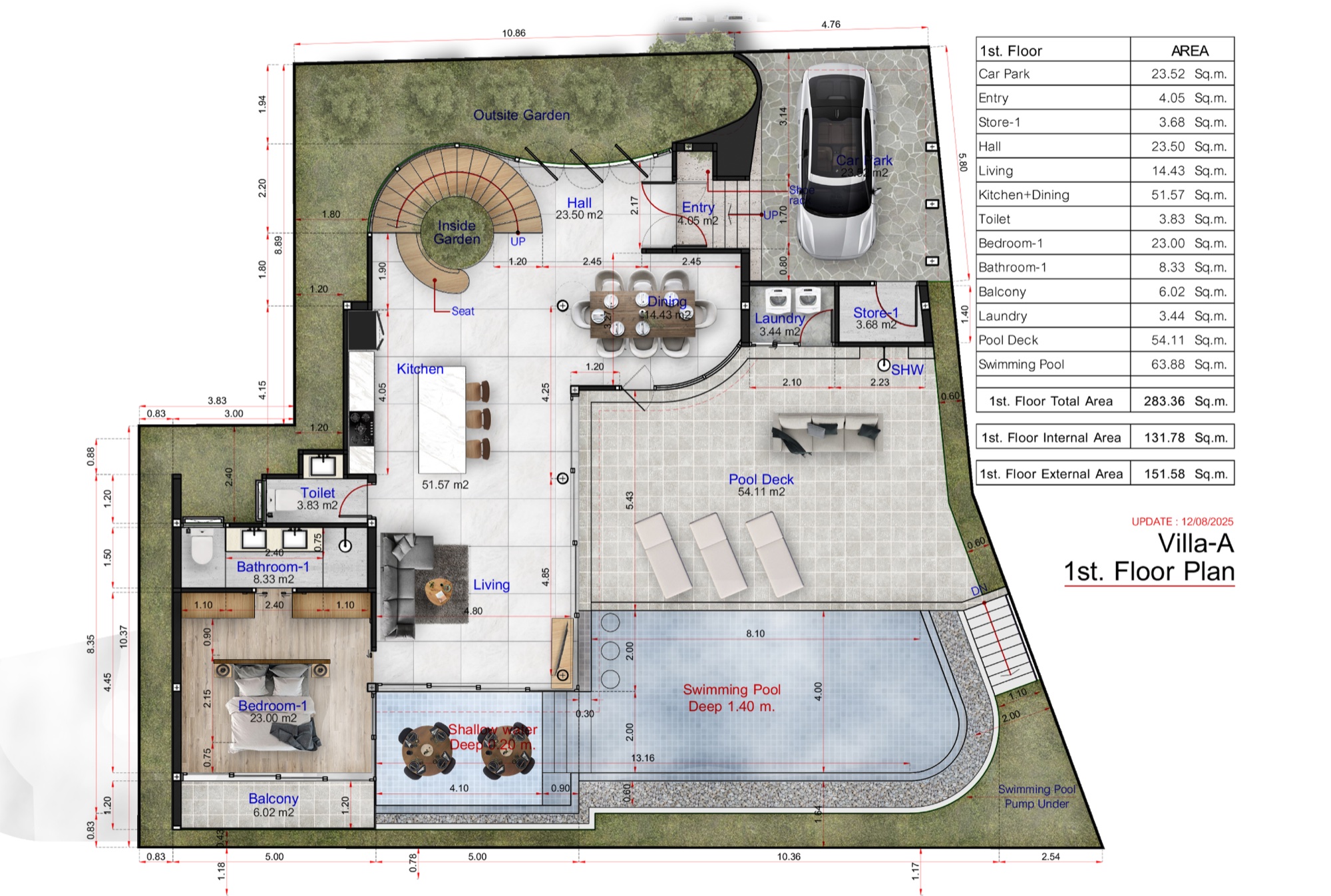 Villa Emerald ground floor plan — living, kitchen-dining, pool deck, sala and swimming pool