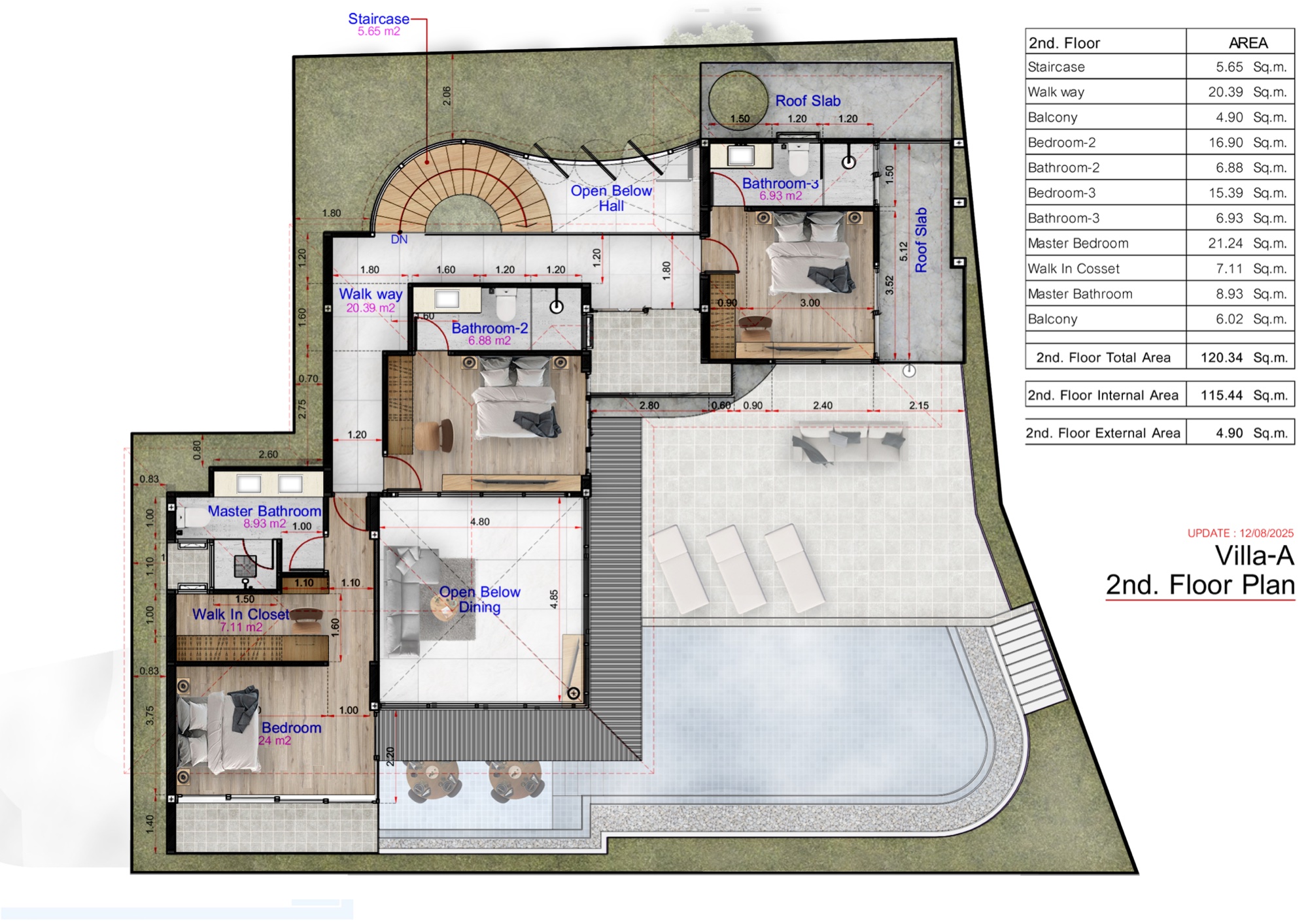 Villa Emerald upper floor plan — master bedroom with walk-in closet, two further bedrooms, roof sala
